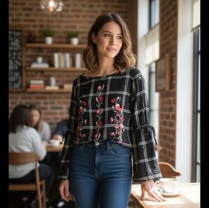 LOFT Black and White Checkered Blouse with Red Floral Embroidery Size :M